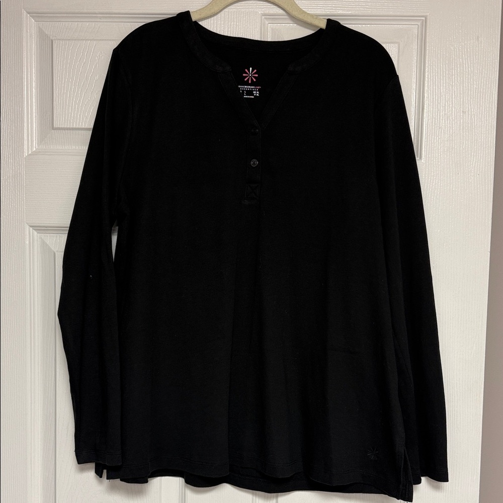 Isaac Mizrahi Black V-neck Henley with Pink Detail